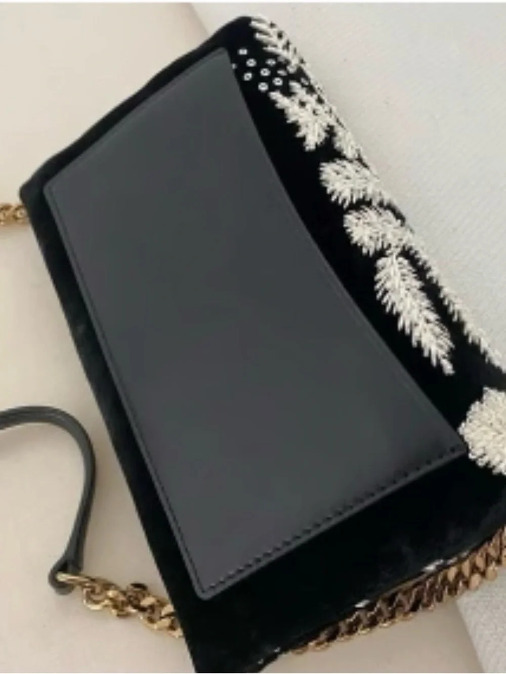Tory Burch Black Velvet Crossbody with White Fern Embroidery & Gold Chain Strap